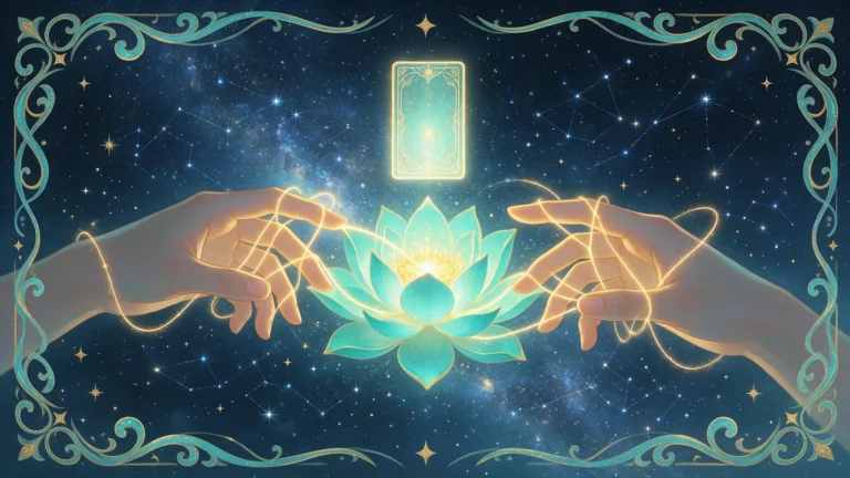 Deux mains se rejoignant sous un ciel étoilé, reliées par un fil doré autour d'un lotus turquoise, symbole de la voyance amour