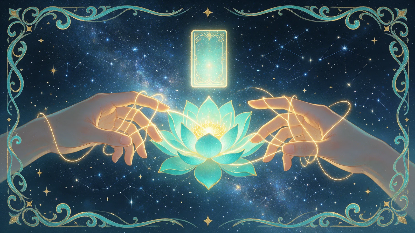 Deux mains se rejoignant sous un ciel étoilé, reliées par un fil doré autour d'un lotus turquoise, symbole de la voyance amour