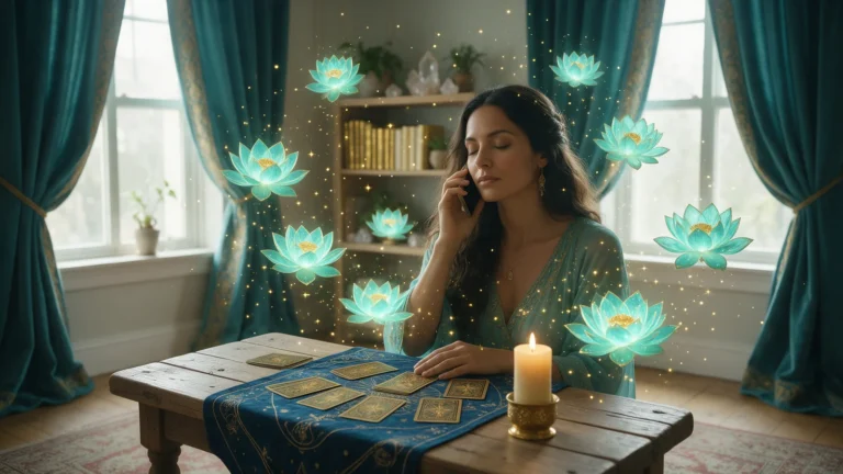 Femme sereine en consultation de voyance par téléphone, entourée de lotus turquoise et de lumière dorée